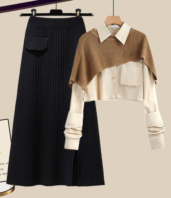 Loose Shawl Shirt High Waist Knit Skirt Three-piece Set